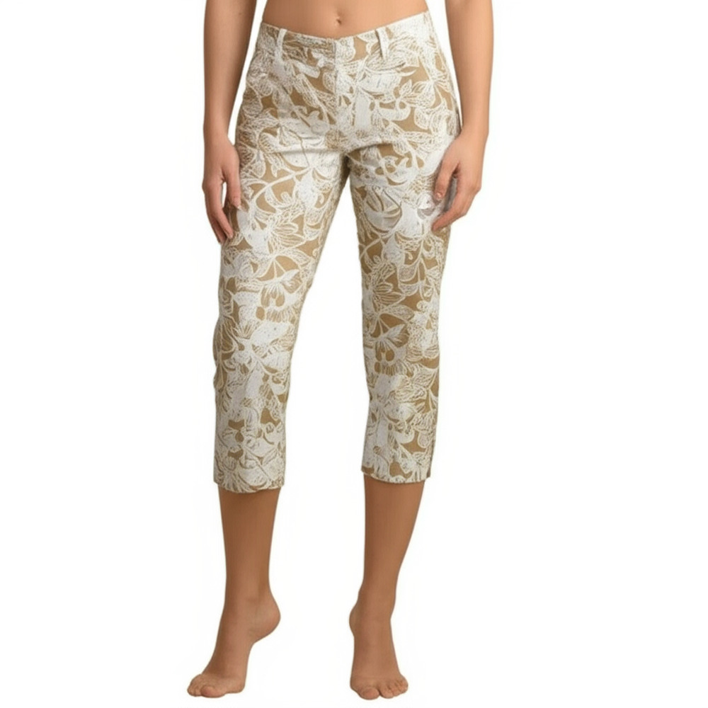Focus 2000 Capri Pants Women 10 Beige White Floral Stretch Cropped Boho Chic New